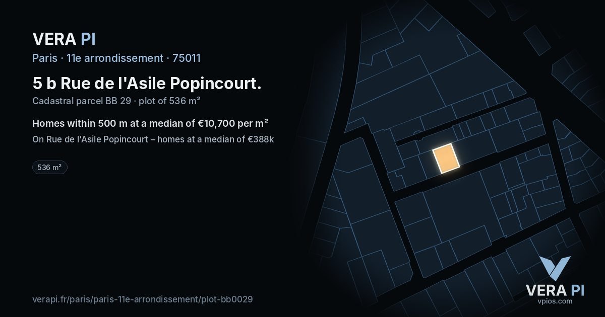 5 b Rue de l'Asile Popincourt, 11e arrondissement at night – the plot lit, the parcels around coloured by the prices near them