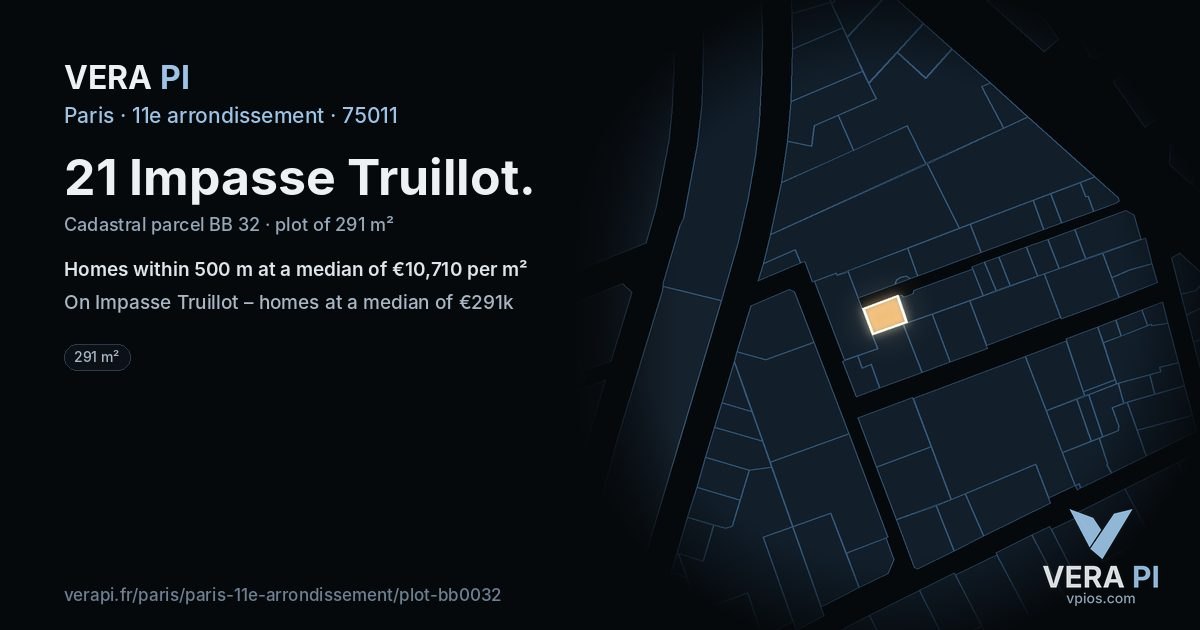 21 Impasse Truillot, 11e arrondissement at night – the plot lit, the parcels around coloured by the prices near them
