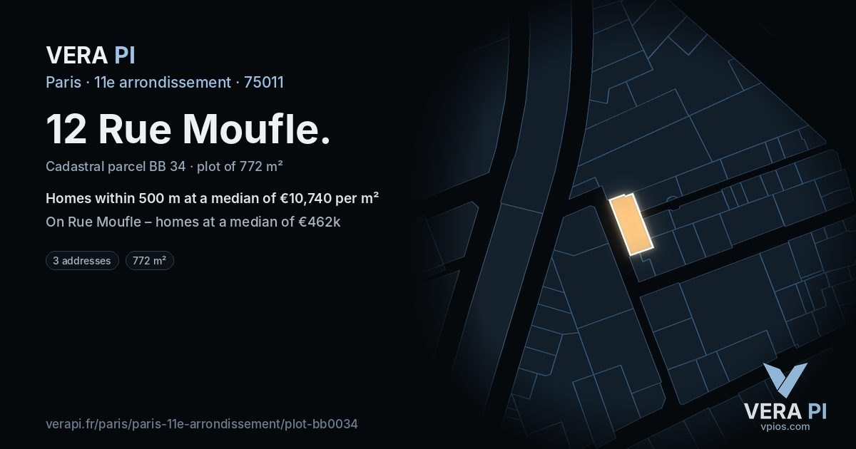 12 Rue Moufle, 11e arrondissement at night – the plot lit, the parcels around coloured by the prices near them