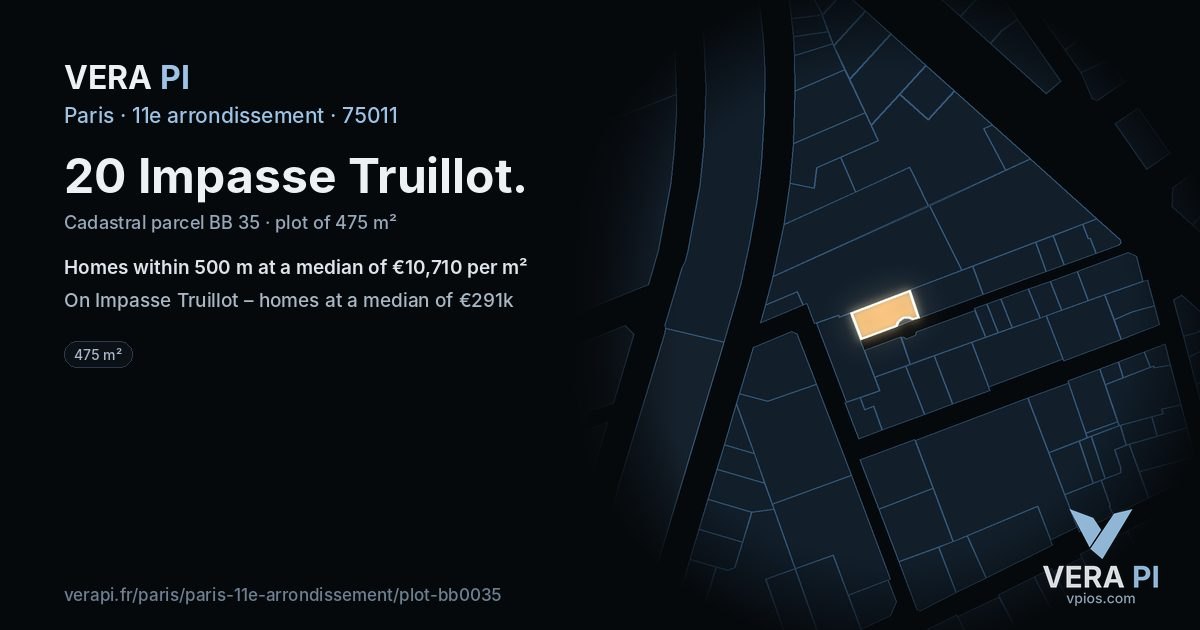 20 Impasse Truillot, 11e arrondissement at night – the plot lit, the parcels around coloured by the prices near them