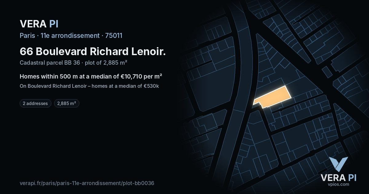 66 Boulevard Richard Lenoir, 11e arrondissement at night – the plot lit, the parcels around coloured by the prices near them