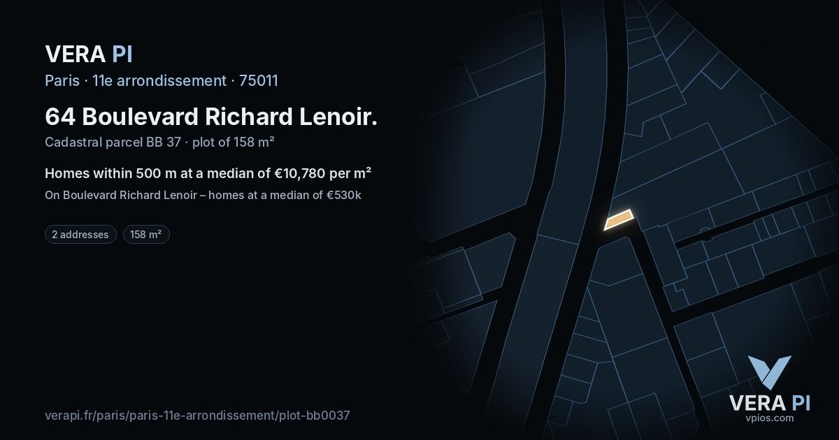 64 Boulevard Richard Lenoir, 11e arrondissement at night – the plot lit, the parcels around coloured by the prices near them