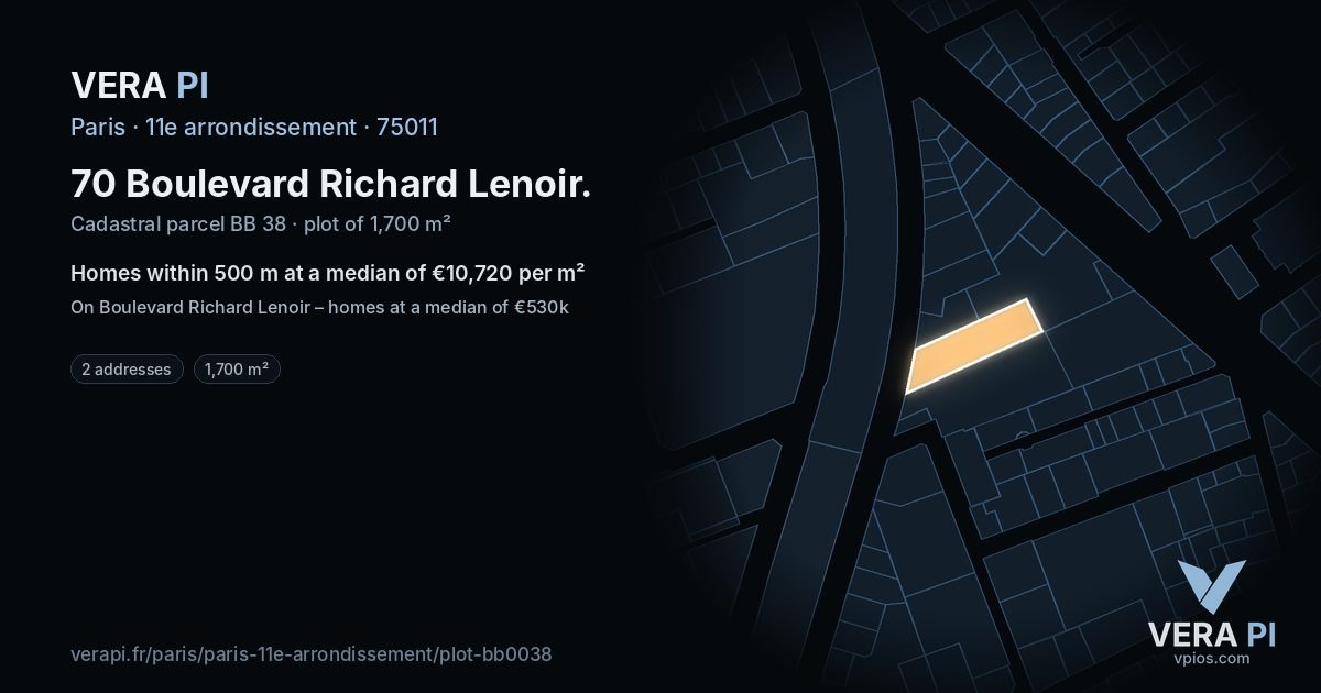 70 Boulevard Richard Lenoir, 11e arrondissement at night – the plot lit, the parcels around coloured by the prices near them
