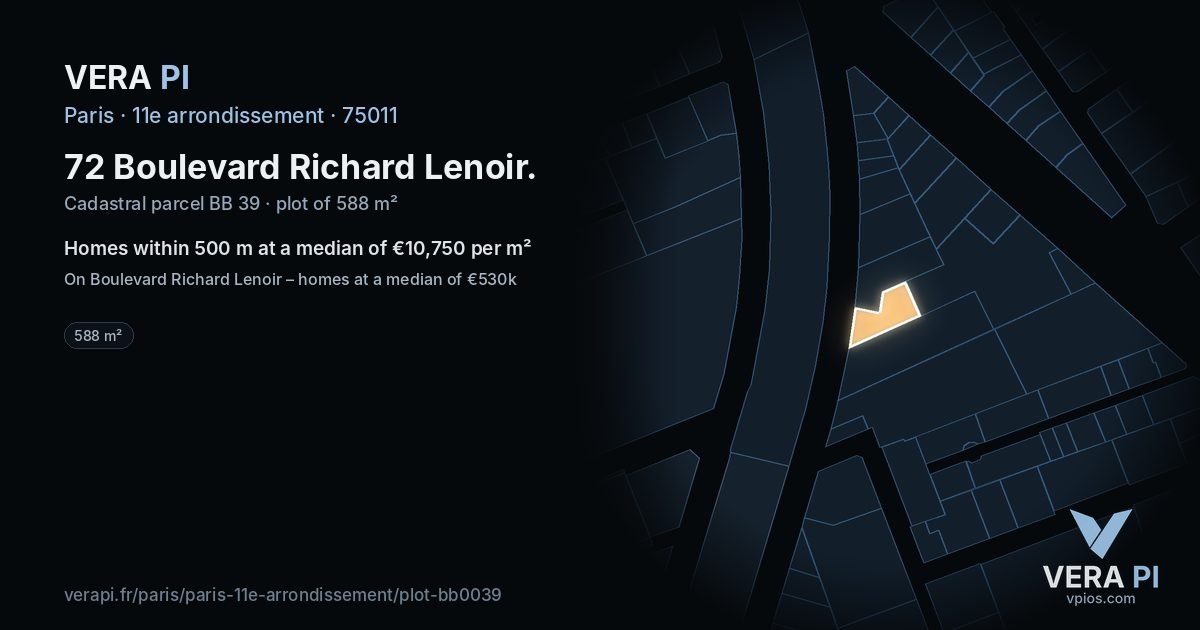 72 Boulevard Richard Lenoir, 11e arrondissement at night – the plot lit, the parcels around coloured by the prices near them