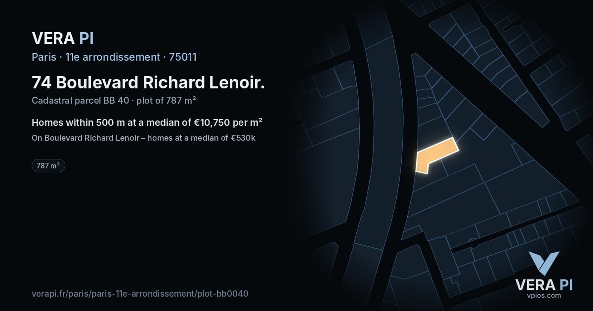 74 Boulevard Richard Lenoir, 11e arrondissement at night – the plot lit, the parcels around coloured by the prices near them