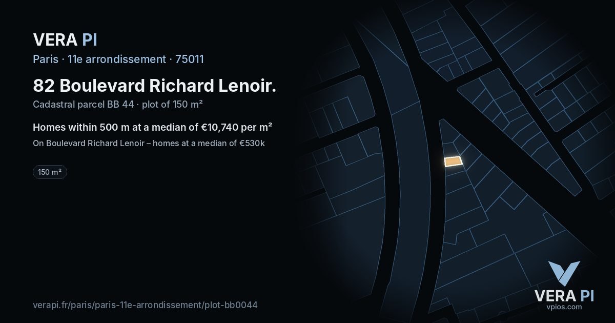 82 Boulevard Richard Lenoir, 11e arrondissement at night – the plot lit, the parcels around coloured by the prices near them