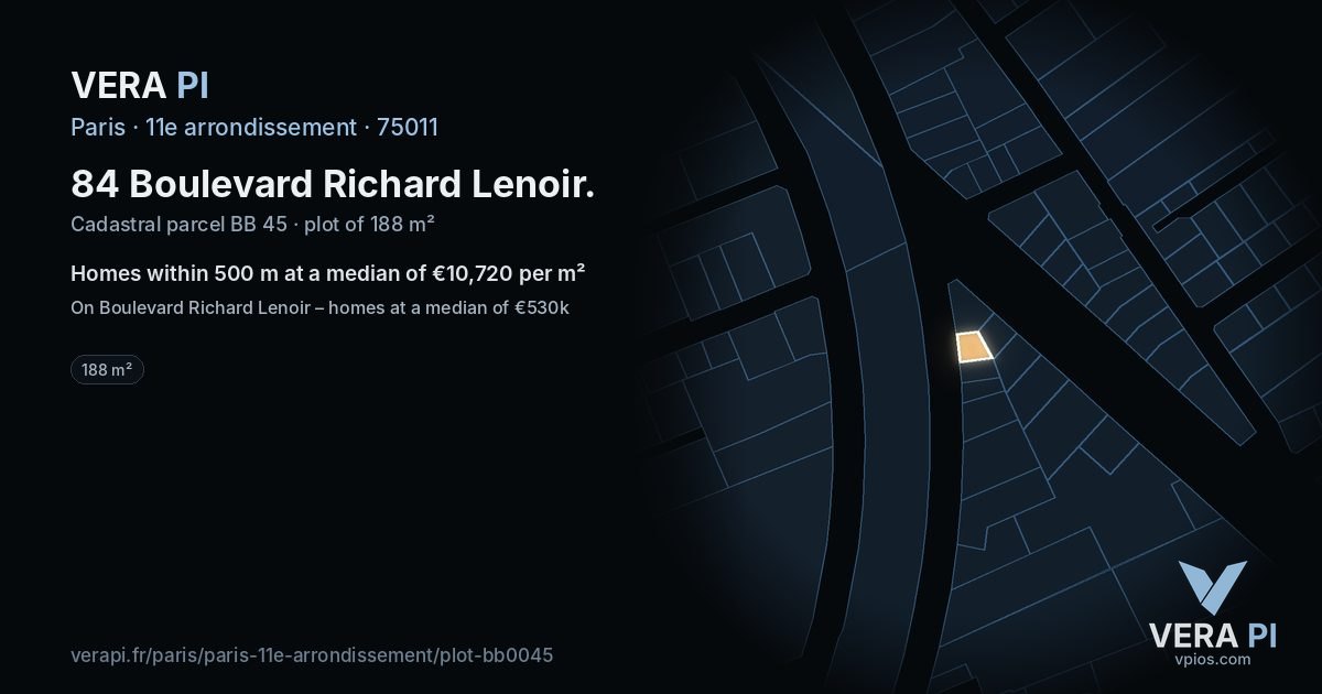 84 Boulevard Richard Lenoir, 11e arrondissement at night – the plot lit, the parcels around coloured by the prices near them
