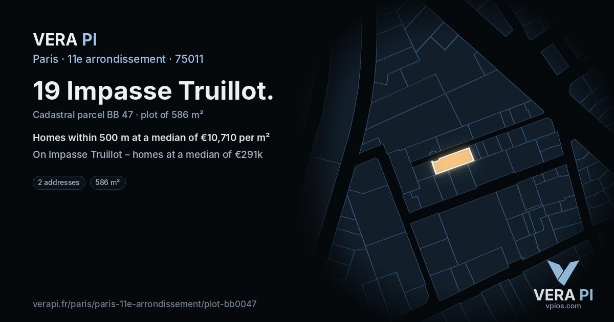 19 Impasse Truillot, 11e arrondissement at night – the plot lit, the parcels around coloured by the prices near them
