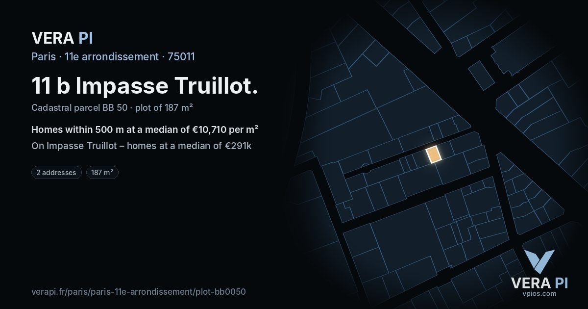 11 b Impasse Truillot, 11e arrondissement at night – the plot lit, the parcels around coloured by the prices near them