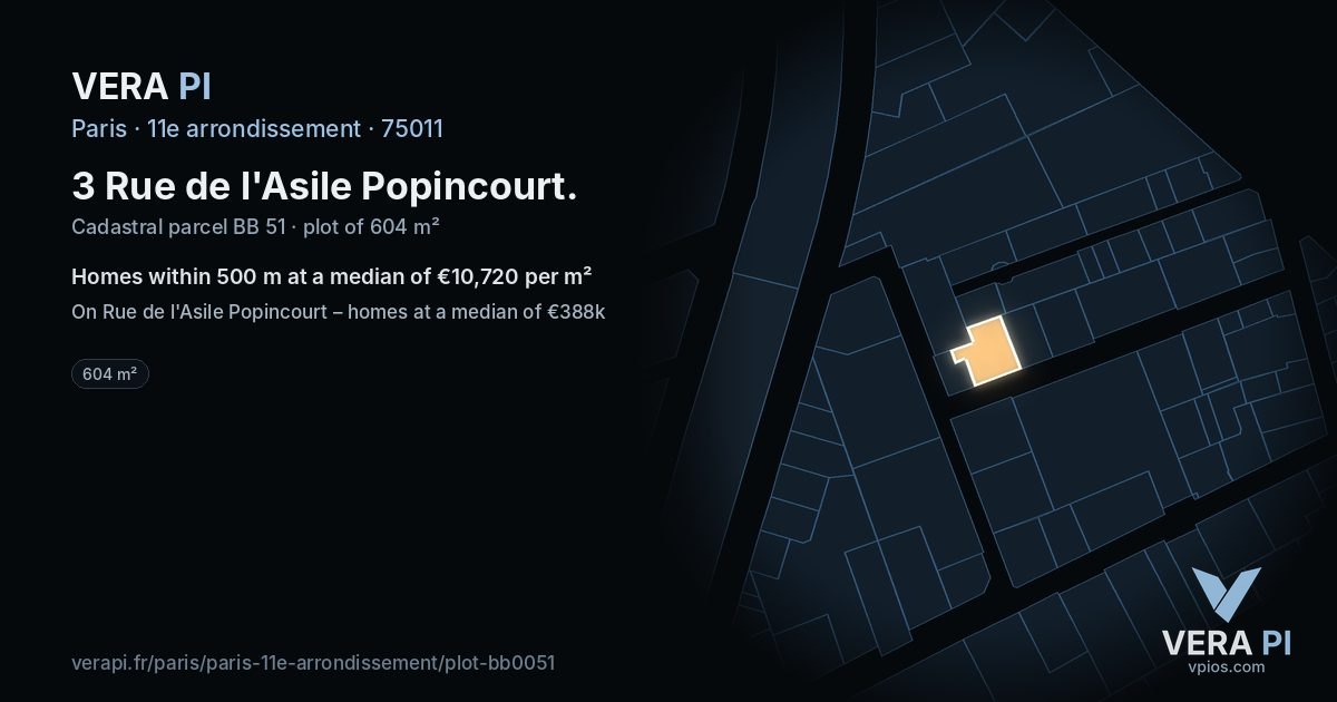 3 Rue de l'Asile Popincourt, 11e arrondissement at night – the plot lit, the parcels around coloured by the prices near them