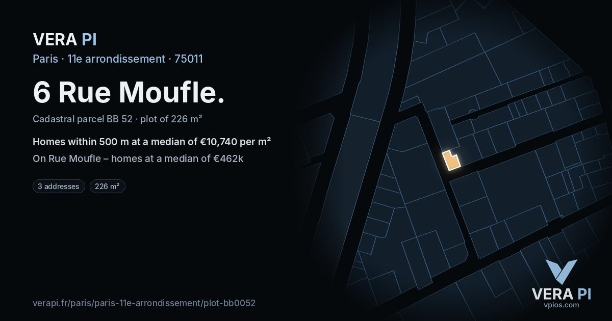 6 Rue Moufle, 11e arrondissement at night – the plot lit, the parcels around coloured by the prices near them