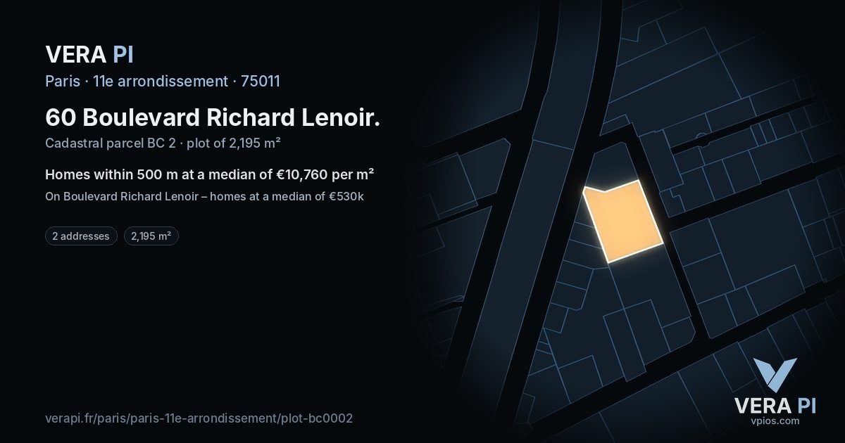 60 Boulevard Richard Lenoir, 11e arrondissement at night – the plot lit, the parcels around coloured by the prices near them