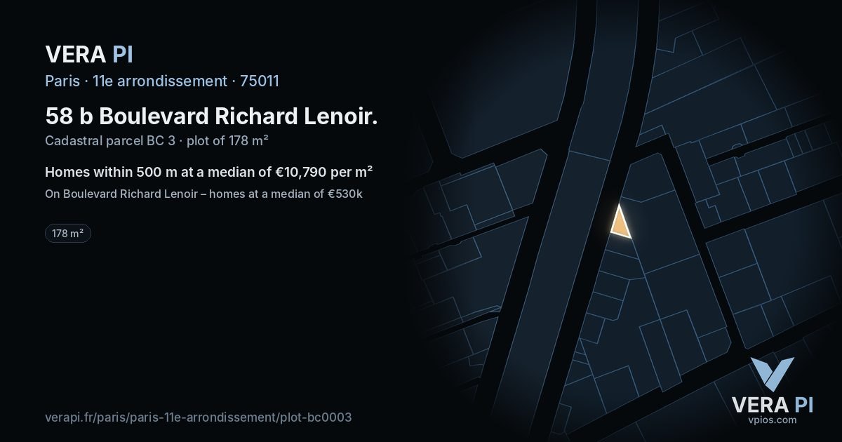 58 b Boulevard Richard Lenoir, 11e arrondissement at night – the plot lit, the parcels around coloured by the prices near them
