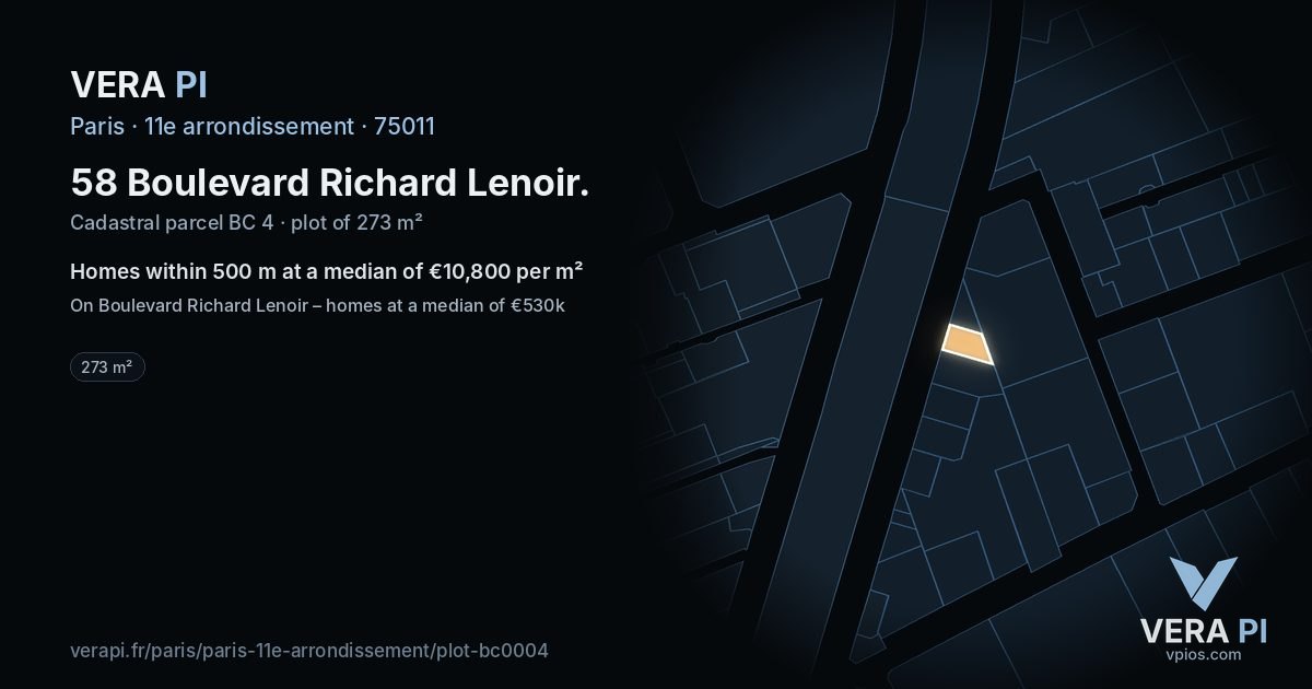 58 Boulevard Richard Lenoir, 11e arrondissement at night – the plot lit, the parcels around coloured by the prices near them