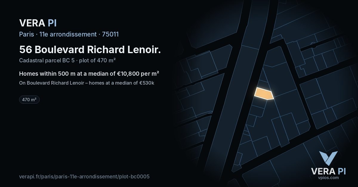 56 Boulevard Richard Lenoir, 11e arrondissement at night – the plot lit, the parcels around coloured by the prices near them