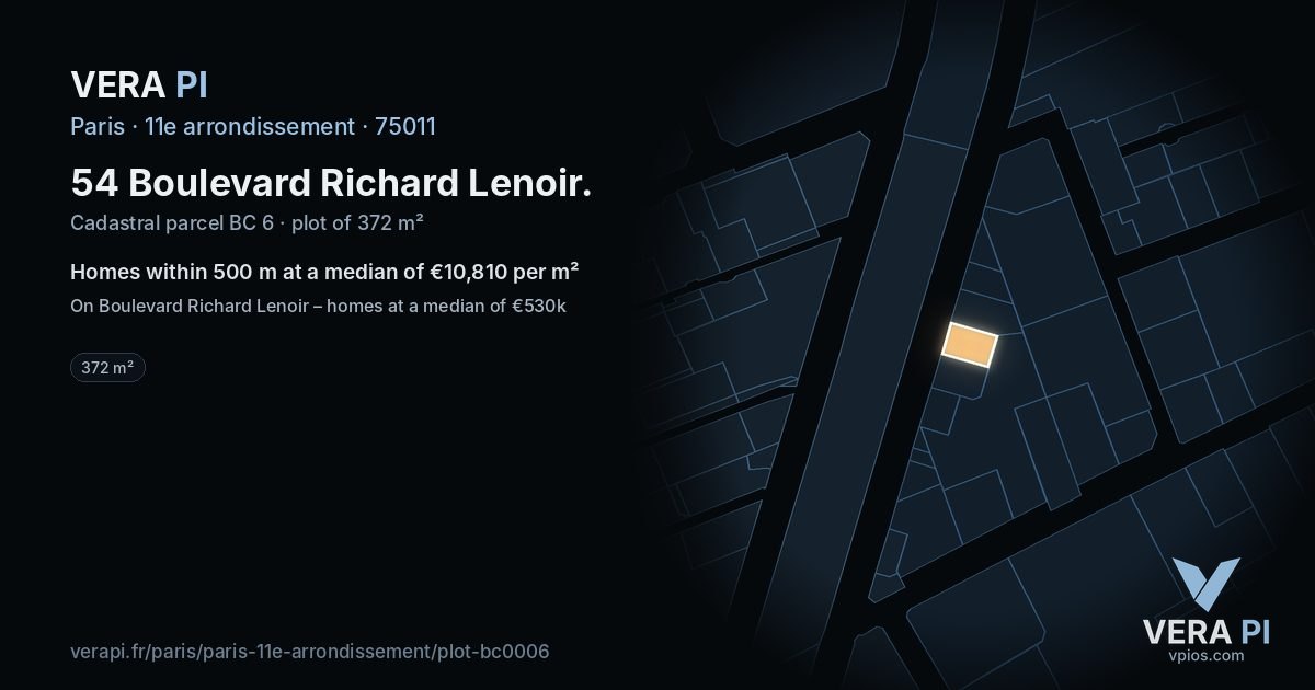 54 Boulevard Richard Lenoir, 11e arrondissement at night – the plot lit, the parcels around coloured by the prices near them