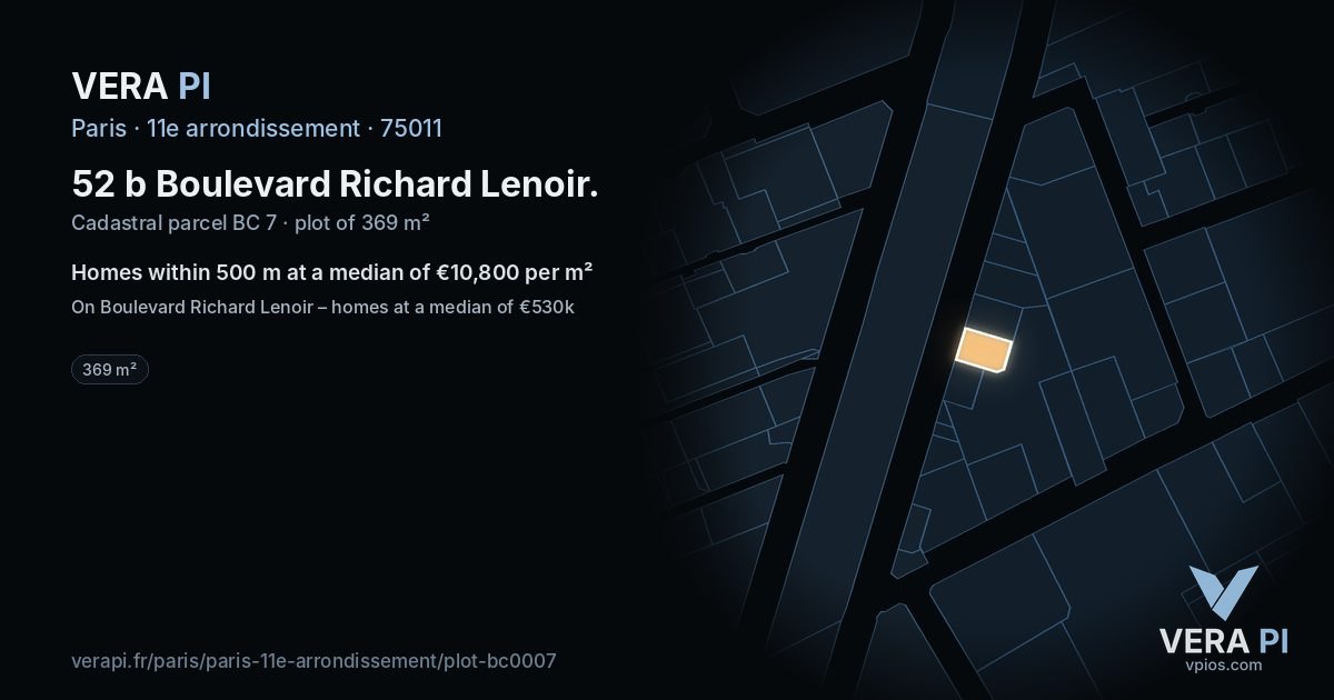 52 b Boulevard Richard Lenoir, 11e arrondissement at night – the plot lit, the parcels around coloured by the prices near them
