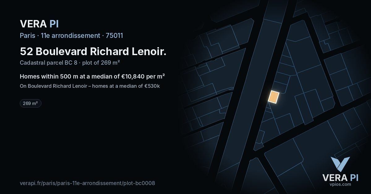 52 Boulevard Richard Lenoir, 11e arrondissement at night – the plot lit, the parcels around coloured by the prices near them