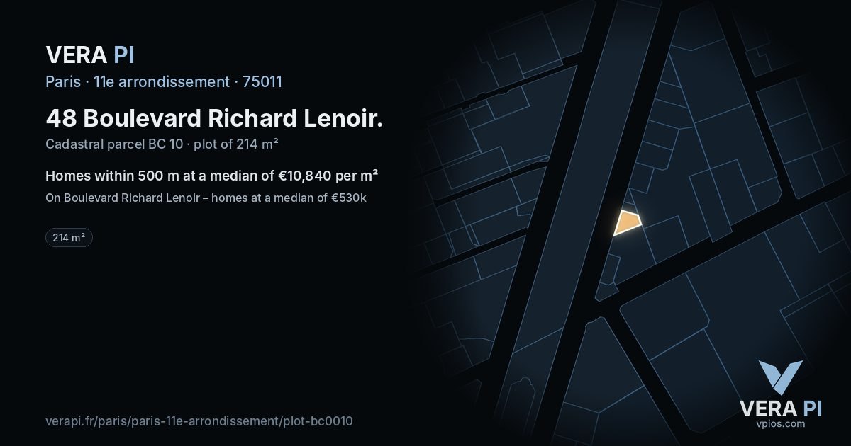 48 Boulevard Richard Lenoir, 11e arrondissement at night – the plot lit, the parcels around coloured by the prices near them
