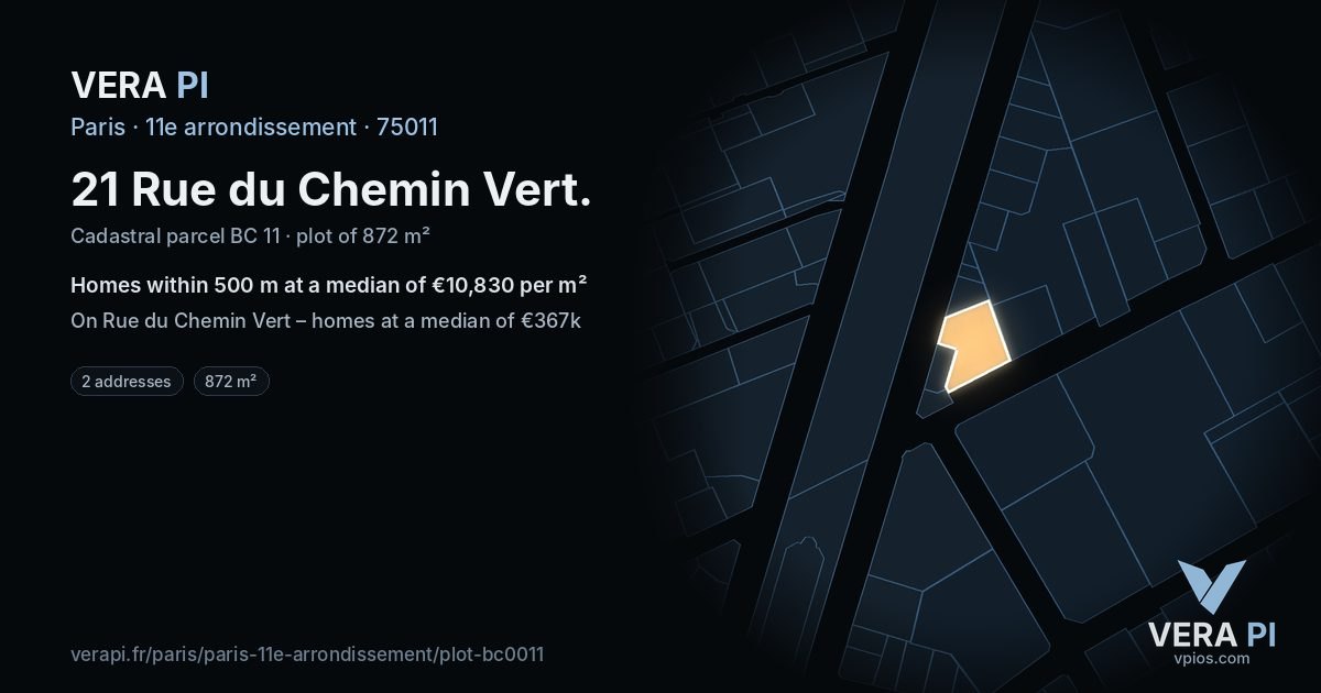 21 Rue du Chemin Vert, 11e arrondissement at night – the plot lit, the parcels around coloured by the prices near them
