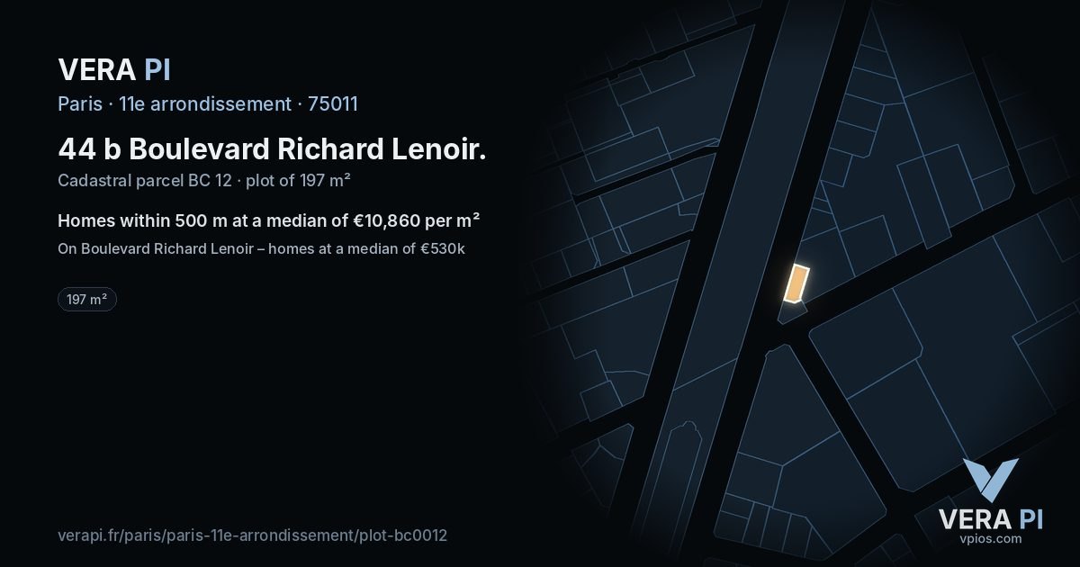44 b Boulevard Richard Lenoir, 11e arrondissement at night – the plot lit, the parcels around coloured by the prices near them