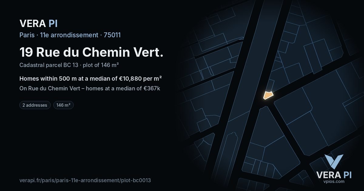 19 Rue du Chemin Vert, 11e arrondissement at night – the plot lit, the parcels around coloured by the prices near them