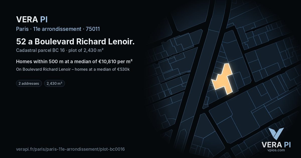 52 a Boulevard Richard Lenoir, 11e arrondissement at night – the plot lit, the parcels around coloured by the prices near them