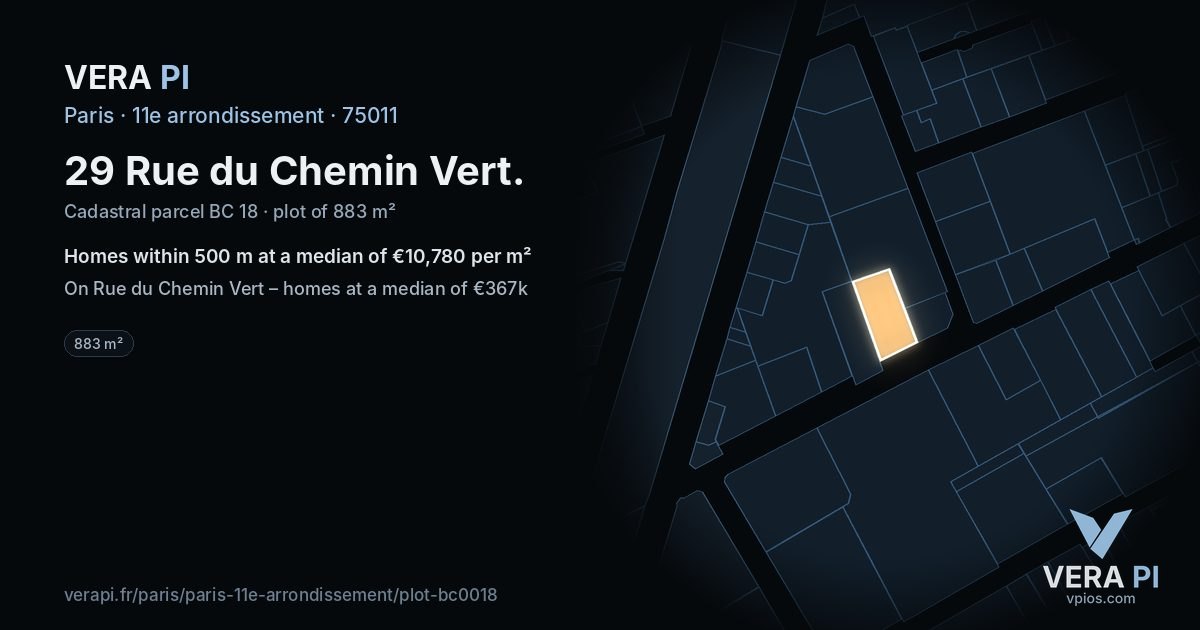 29 Rue du Chemin Vert, 11e arrondissement at night – the plot lit, the parcels around coloured by the prices near them