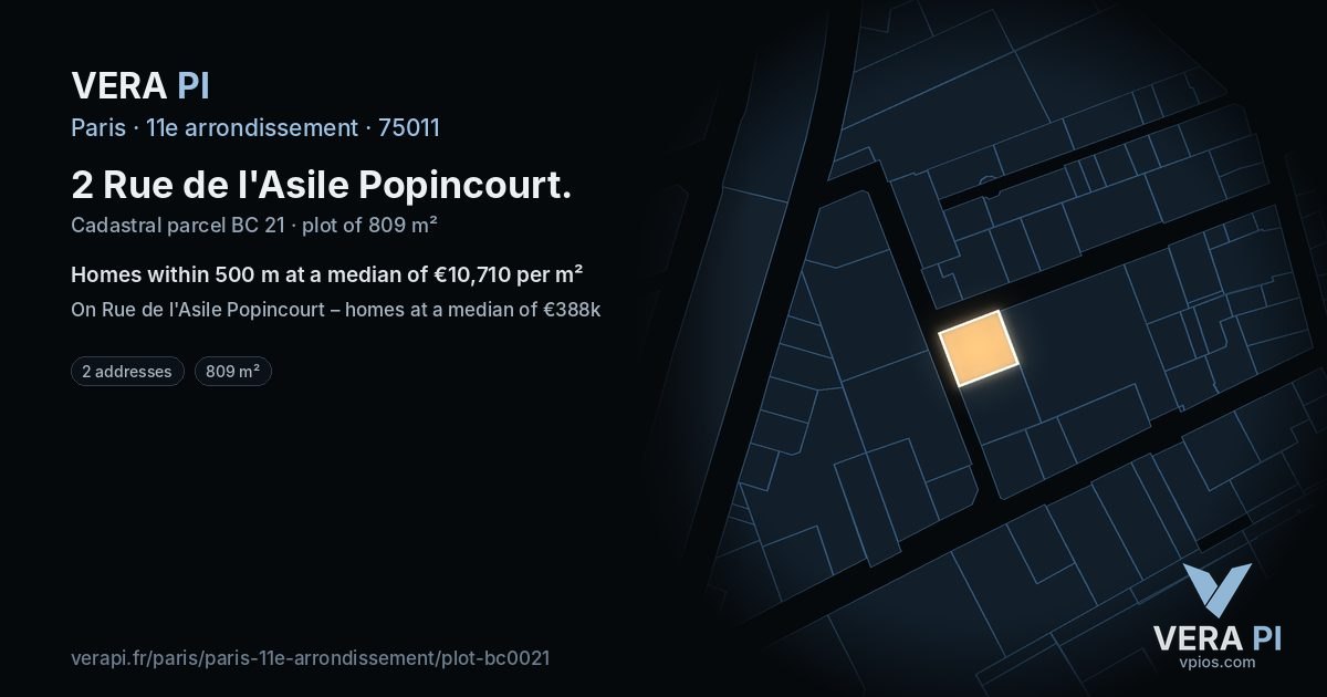 2 Rue de l'Asile Popincourt, 11e arrondissement at night – the plot lit, the parcels around coloured by the prices near them
