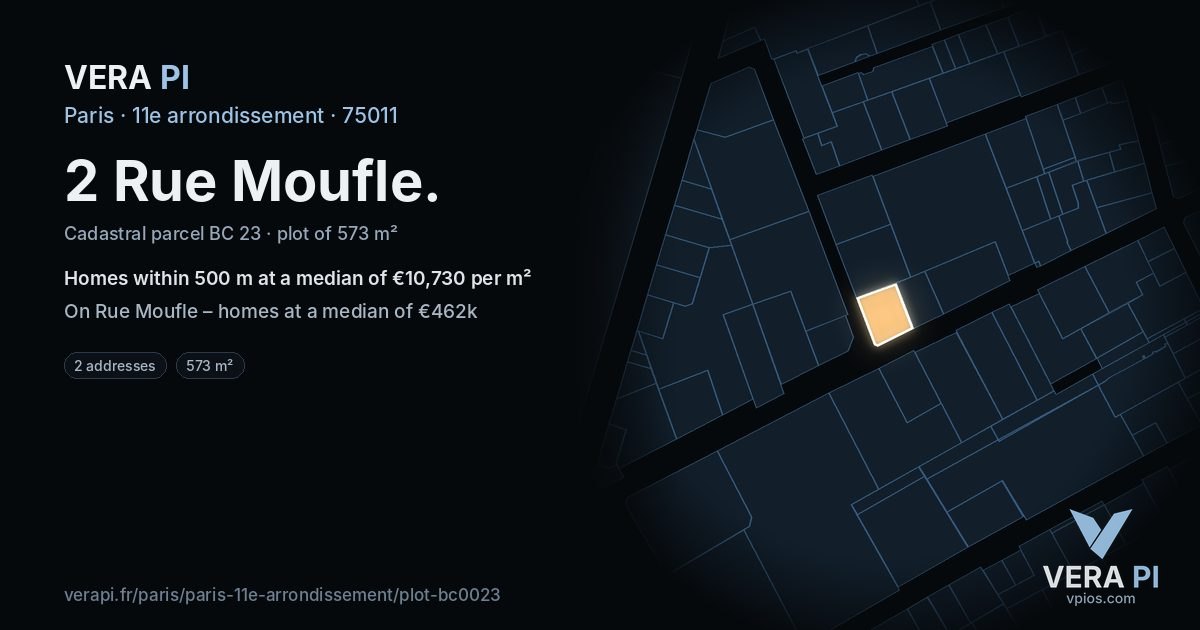 2 Rue Moufle, 11e arrondissement at night – the plot lit, the parcels around coloured by the prices near them