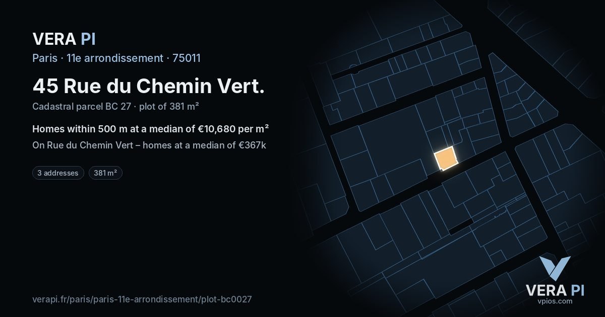 45 Rue du Chemin Vert, 11e arrondissement at night – the plot lit, the parcels around coloured by the prices near them