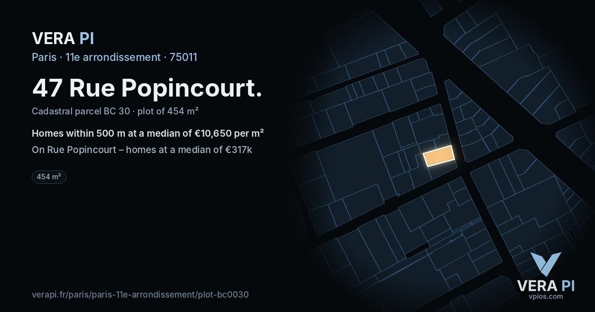 47 Rue Popincourt, 11e arrondissement at night – the plot lit, the parcels around coloured by the prices near them