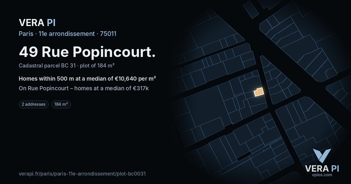49 Rue Popincourt, 11e arrondissement at night – the plot lit, the parcels around coloured by the prices near them