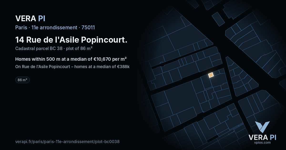 14 Rue de l'Asile Popincourt, 11e arrondissement at night – the plot lit, the parcels around coloured by the prices near them