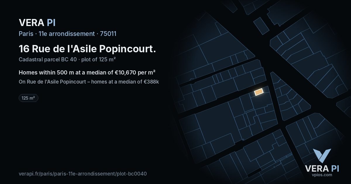 16 Rue de l'Asile Popincourt, 11e arrondissement at night – the plot lit, the parcels around coloured by the prices near them