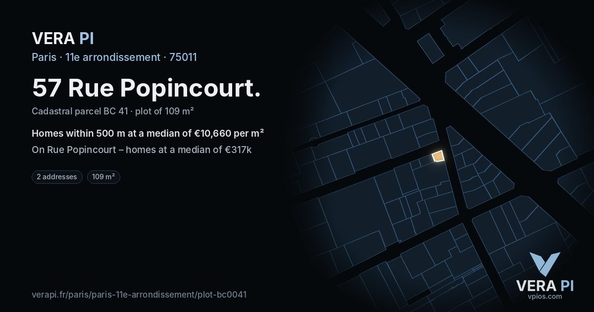57 Rue Popincourt, 11e arrondissement at night – the plot lit, the parcels around coloured by the prices near them