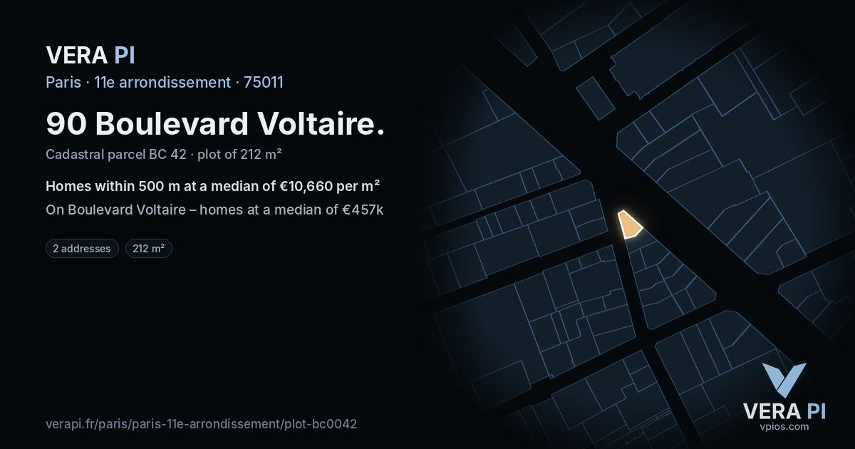 90 Boulevard Voltaire, 11e arrondissement at night – the plot lit, the parcels around coloured by the prices near them