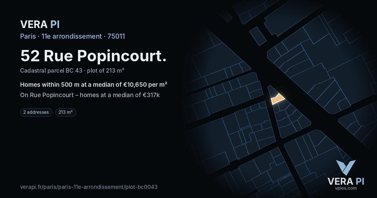 52 Rue Popincourt, 11e arrondissement at night – the plot lit, the parcels around coloured by the prices near them