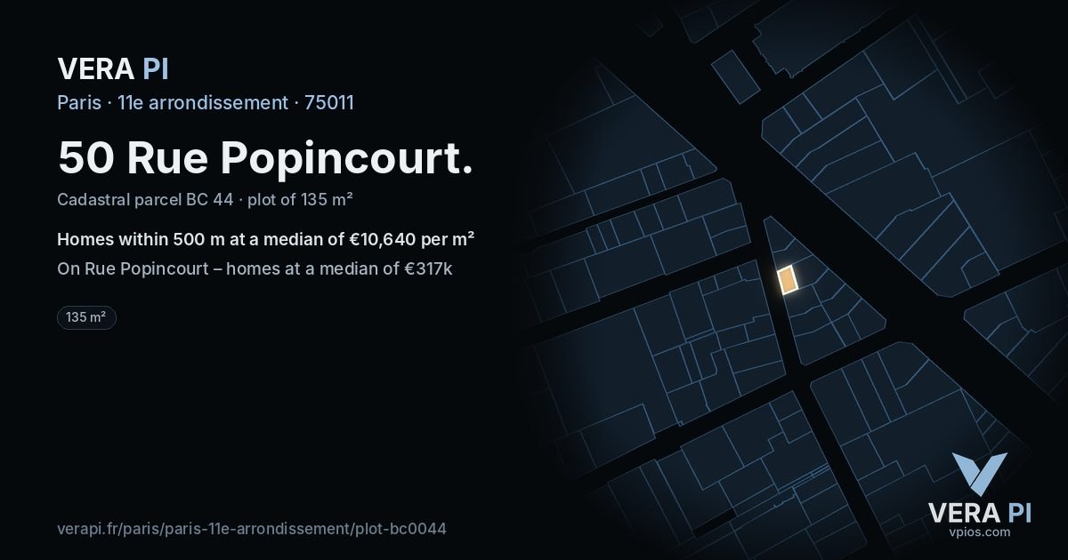 50 Rue Popincourt, 11e arrondissement at night – the plot lit, the parcels around coloured by the prices near them