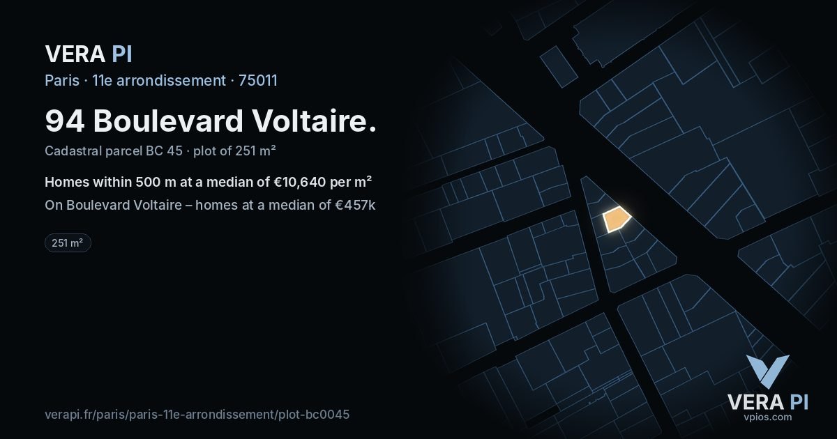 94 Boulevard Voltaire, 11e arrondissement at night – the plot lit, the parcels around coloured by the prices near them