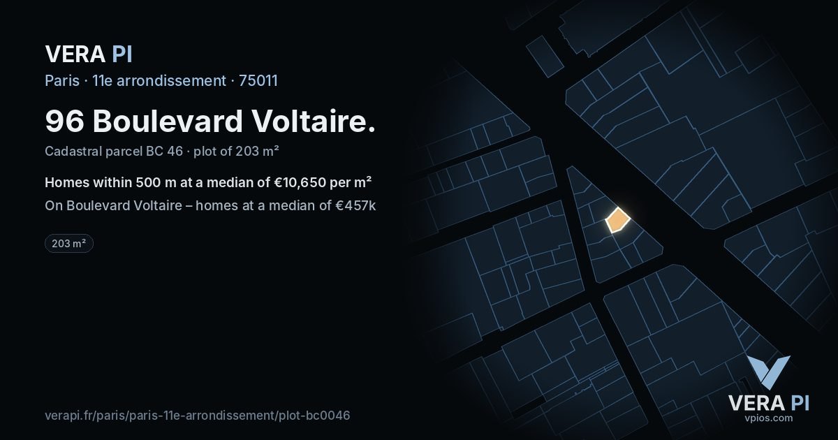 96 Boulevard Voltaire, 11e arrondissement at night – the plot lit, the parcels around coloured by the prices near them