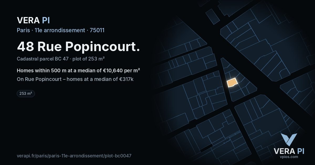 48 Rue Popincourt, 11e arrondissement at night – the plot lit, the parcels around coloured by the prices near them