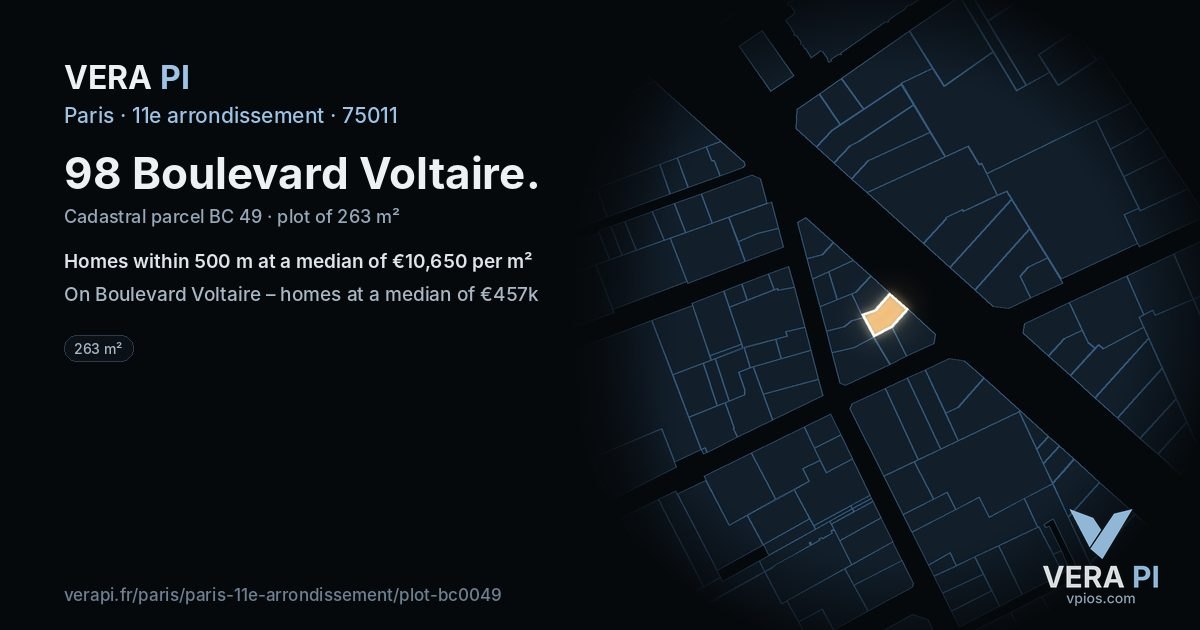98 Boulevard Voltaire, 11e arrondissement at night – the plot lit, the parcels around coloured by the prices near them