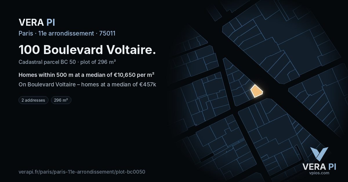 100 Boulevard Voltaire, 11e arrondissement at night – the plot lit, the parcels around coloured by the prices near them
