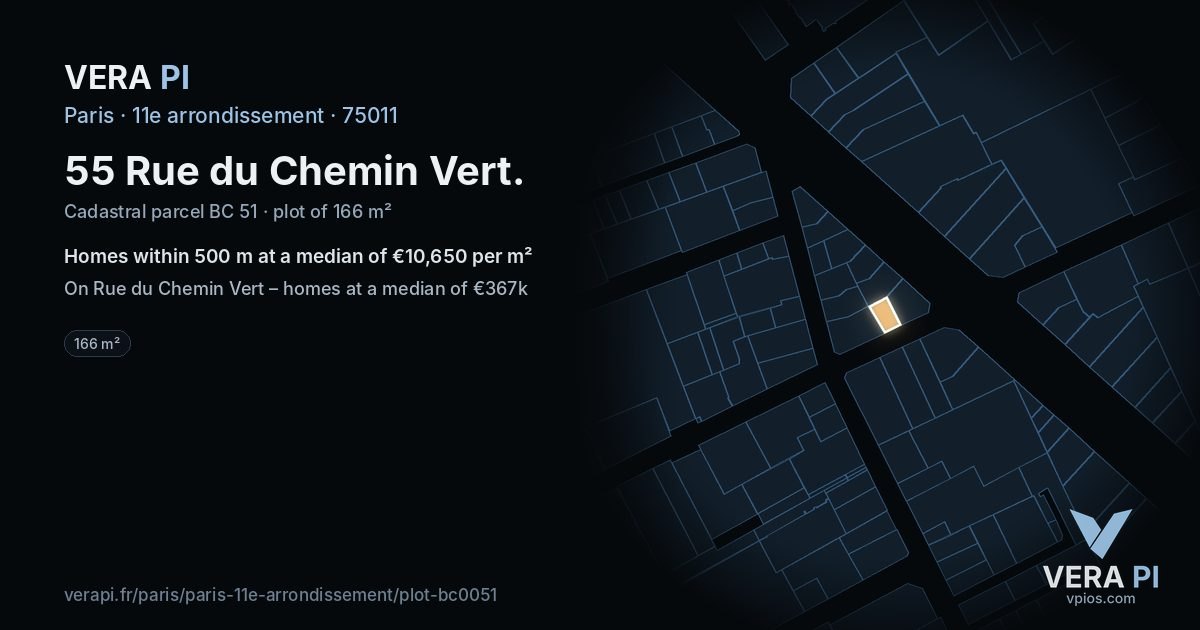 55 Rue du Chemin Vert, 11e arrondissement at night – the plot lit, the parcels around coloured by the prices near them