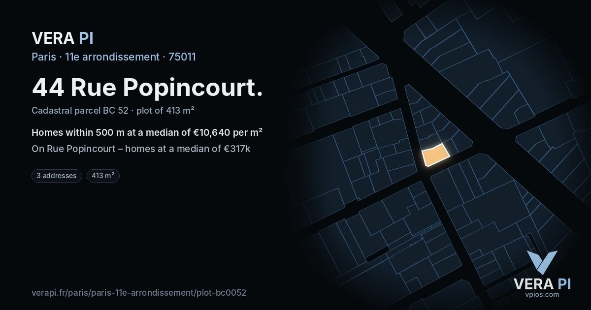 44 Rue Popincourt, 11e arrondissement at night – the plot lit, the parcels around coloured by the prices near them