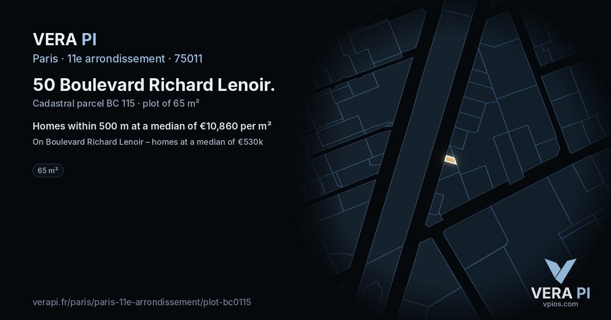 50 Boulevard Richard Lenoir, 11e arrondissement at night – the plot lit, the parcels around coloured by the prices near them