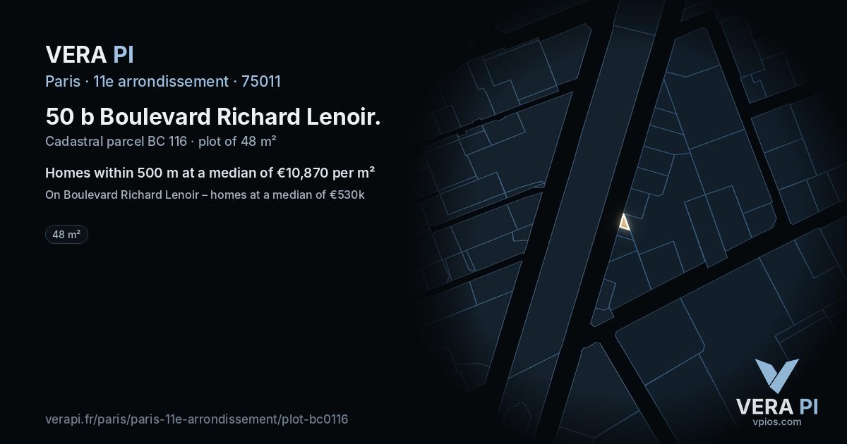 50 b Boulevard Richard Lenoir, 11e arrondissement at night – the plot lit, the parcels around coloured by the prices near them