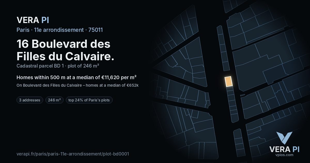16 Boulevard des Filles du Calvaire, 11e arrondissement at night – the plot lit, the parcels around coloured by the prices near them