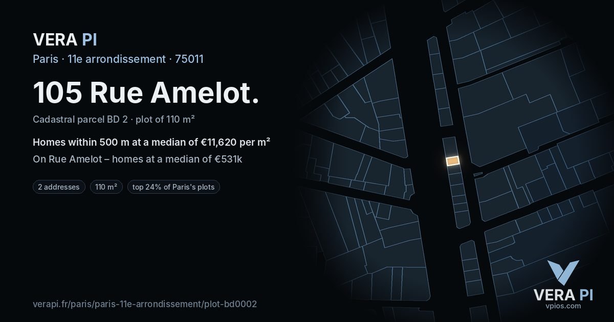 105 Rue Amelot, 11e arrondissement at night – the plot lit, the parcels around coloured by the prices near them